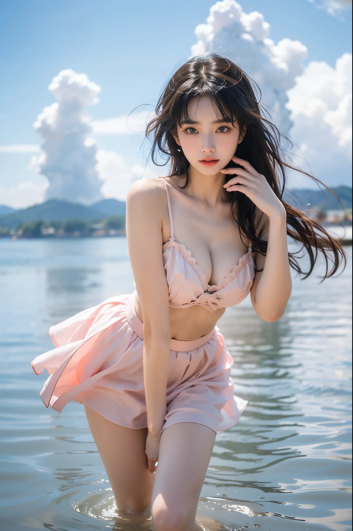 1 Girl, whole body, Elegantly, Her plump breasts are on display.,Visible cleavage,Sexy long legs,Exquisite makeup,Blush,Shy expression,Her skin is flawless,She gently lifted her skirt with one hand,Make gentle and playful gestures, The skirt is short, seaside, Walking in shallow water,wave拍打在她的身上, whole body湿透 沙滩, wave, Blue sky and white clouds, close up,Focus on the role,Ultra HD,best quality,Sony Master Lens,The color is pastel,Warm colors,Emphasis on natural beauty and elegance,Cute girl,High Detail,best quality,rich and colorful, Vibrant colors,Saturation