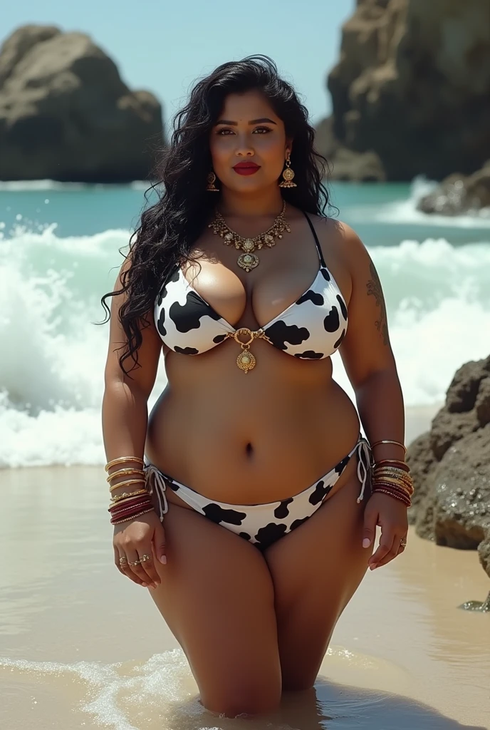 Wet CURVY FIT PAWG MARRIED INDIAN BRIDE, full body picture , BBW Wet curvy, wet Desi Bhabhi showing her big ass in sexy thong COW pattern bikini and showing cleavage and in nose ring, many red gold bangles in hands,earings, necklace ,lipstick ,navel,Indian, Chubby, showing her curves in sea water, sea waves , rocks, Group of lesbian women, Henna Mehendi,