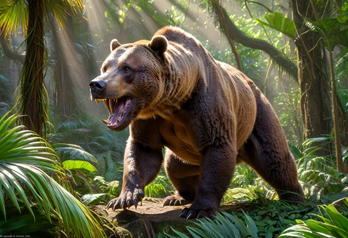 a huge brown bear, hunting and eating dinosaurs, primordial jungle, (best quality,4k,8k,highres,masterpiece:1.2),ultra-detailed,(realistic,photorealistic,photo-realistic:1.37),HDR,UHD,studio lighting,ultra-fine painting,sharp focus,physically-based rendering,extreme detail description,professional,vivid colors,bokeh,detailed bear anatomy,detailed dinosaur anatomy,lush tropical foliage,ancient trees,dense undergrowth,dramatic lighting,warm color palette,dynamic motion blur
