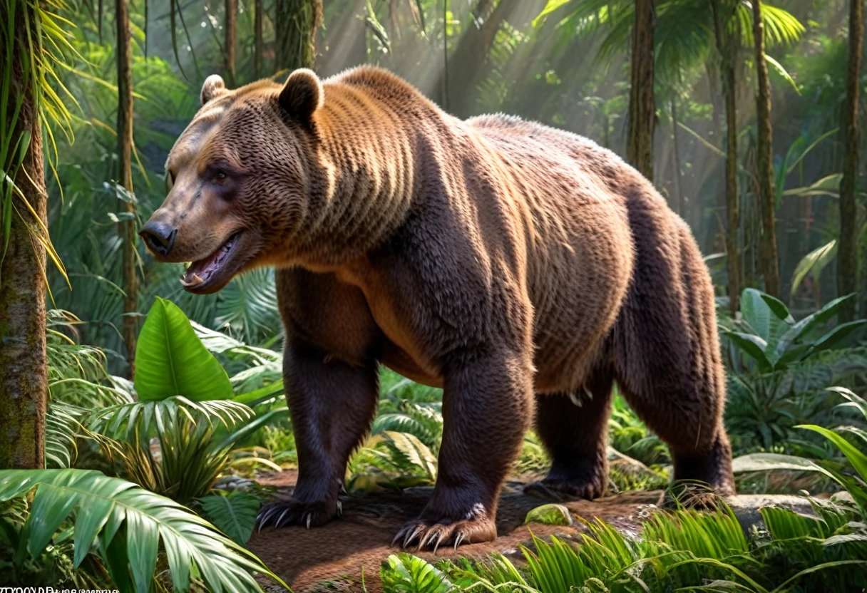 a huge brown bear, hunting and eating dinosaurs, primordial jungle, (best quality,4k,8k,highres,masterpiece:1.2),ultra-detailed,(realistic,photorealistic,photo-realistic:1.37),HDR,UHD,studio lighting,ultra-fine painting,sharp focus,physically-based rendering,extreme detail description,professional,vivid colors,bokeh,detailed bear anatomy,detailed dinosaur anatomy,lush tropical foliage,ancient trees,dense undergrowth,dramatic lighting,warm color palette,dynamic motion blur
