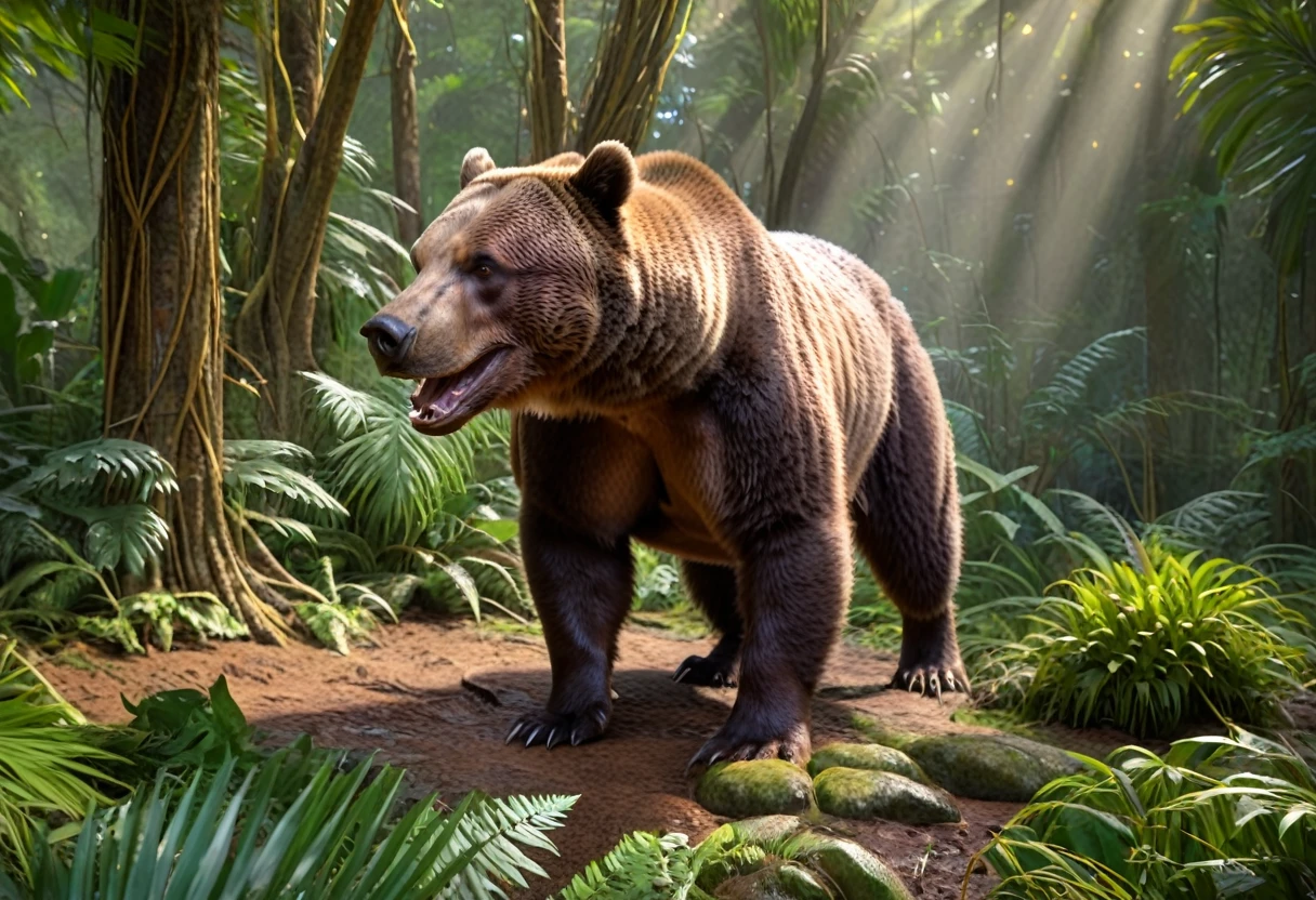 a huge brown bear, hunting and eating dinosaurs, primordial jungle, (best quality,4k,8k,highres,masterpiece:1.2),ultra-detailed,(realistic,photorealistic,photo-realistic:1.37),HDR,UHD,studio lighting,ultra-fine painting,sharp focus,physically-based rendering,extreme detail description,professional,vivid colors,bokeh,detailed bear anatomy,detailed dinosaur anatomy,lush tropical foliage,ancient trees,dense undergrowth,dramatic lighting,warm color palette,dynamic motion blur
