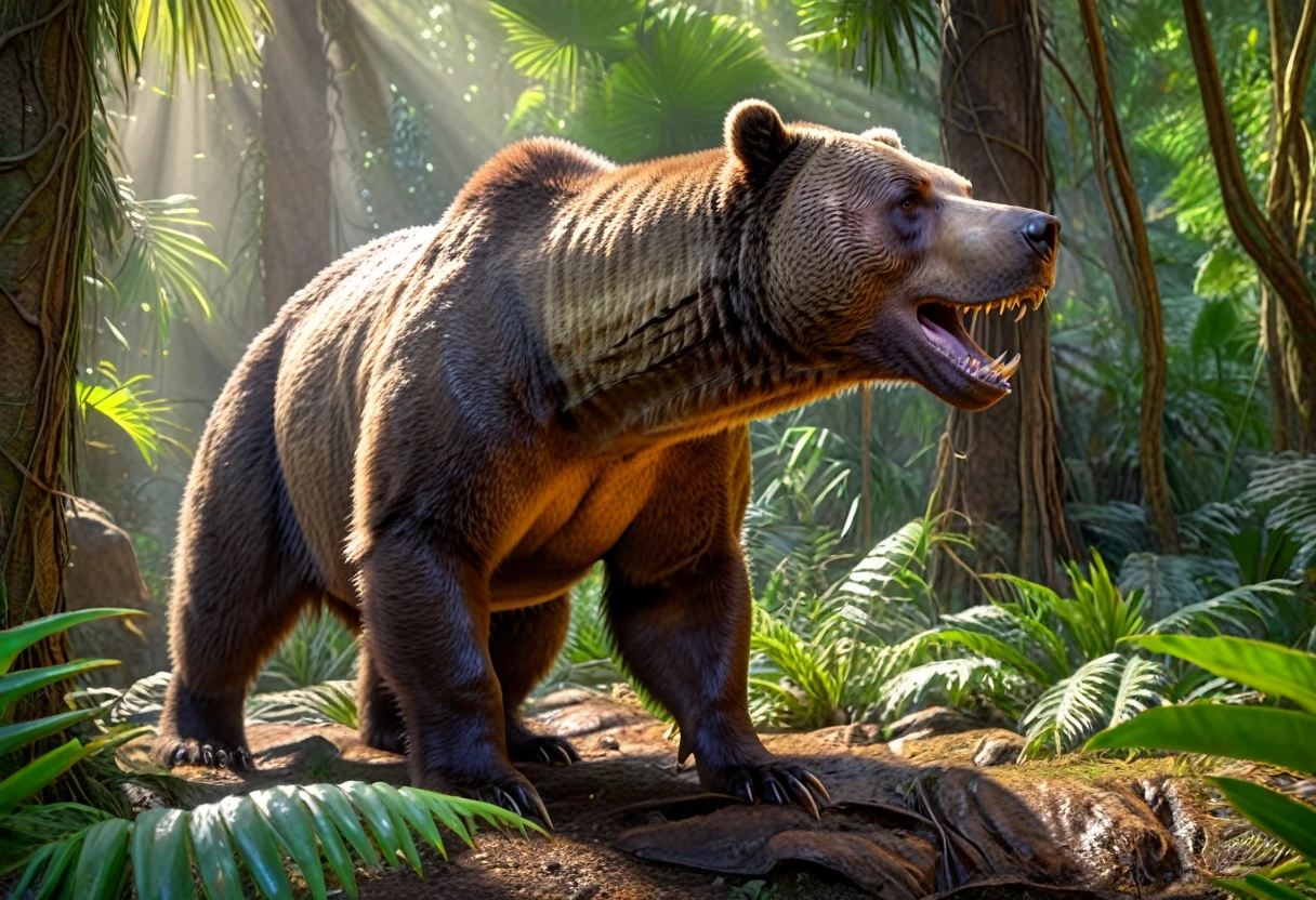 a huge brown bear, hunting and eating dinosaurs, primordial jungle, (best quality,4k,8k,highres,masterpiece:1.2),ultra-detailed,(realistic,photorealistic,photo-realistic:1.37),HDR,UHD,studio lighting,ultra-fine painting,sharp focus,physically-based rendering,extreme detail description,professional,vivid colors,bokeh,detailed bear anatomy,detailed dinosaur anatomy,lush tropical foliage,ancient trees,dense undergrowth,dramatic lighting,warm color palette,dynamic motion blur
