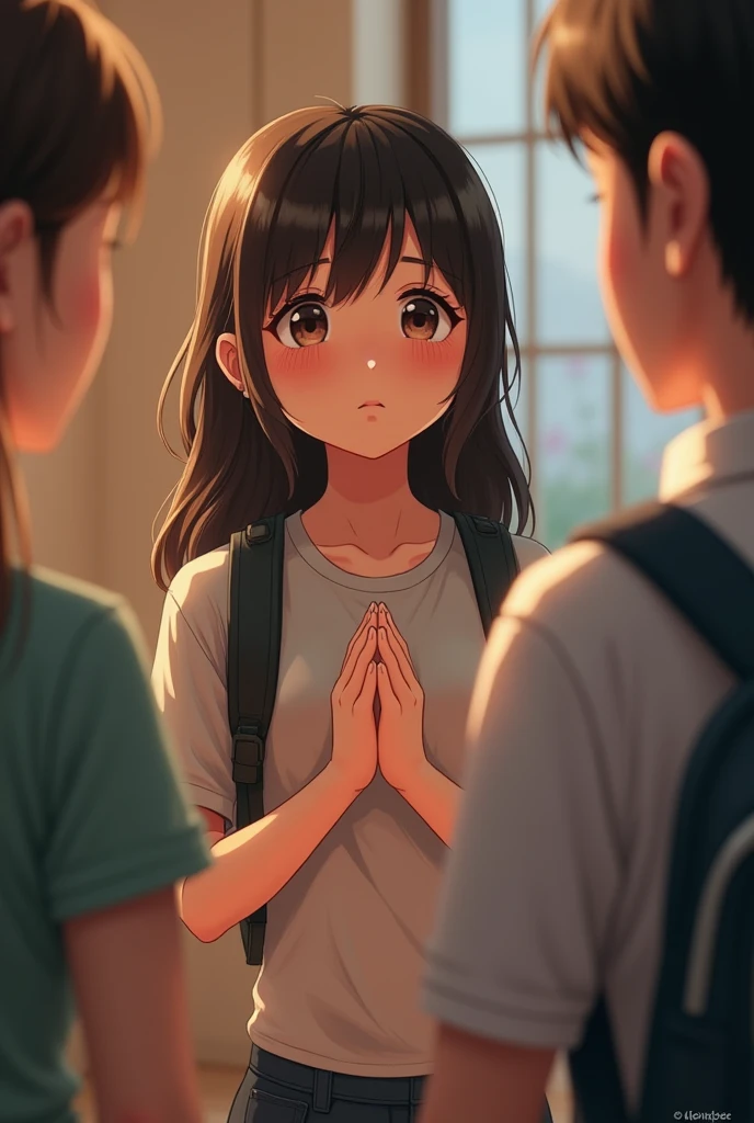 a highschool girl with both hands sticking together and saying sorry to her parents