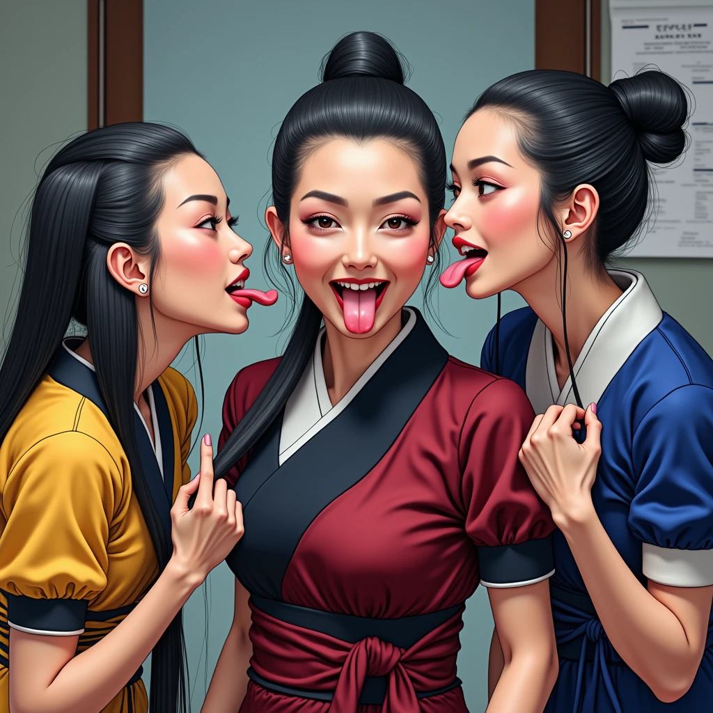 in luxerius office items sorrounded bright lighted modern japanese office,two 50 years old mature japanese ladies and 70 years old sexy eldery japanese lady,total 3 ladies involving and licking their hairs of each others wildly,70 years old mature lady stand,other mature two ladies crawling in to standing lady reaching 1 by 1 by sides licking standing lady' opened hair bun,these three ladies are with dressed in japanese kimono tradition dress as per image prompt,all three of them,with their hairs respectively black color for the marure ladies hairs in as per image prompt,their long,meticulaiursly twined bun hairs shinning since smeared in oil,red lipsstick,natural tongues pulled out,licking the seated lady' mature black opened hair bun like she is being raped excat in image,These all three ladies' faces are with showing full of sexual wildness showing out from their faces exact as in image prompt,Their eyes are fullfill with sexual wildness with raping hairs as per the imahe prompt,(Show me their tongues,long tongues:1.0) styled with 100000 liters hair oil,hairs like viscus oiled pulp,slick combed hair lines highly visible,{{{{Ladies wears perfect dresses in perfectt busty}}}},{{{{{NSFW}}}}},{{{{{{Hairs highly soaked}}}}}},{{{Hairs Drenched in water}}}}},{{{slick combed hair lines}}}},{{{{Hairlines reflecting shinning like mirrors with water}},{{{{{Showcase full bodies perfect figures}}}}},{{{{{High resolution perfecr color grading}}}}}},{{{Perfect hair buns on all three ladies exactly in image prompt}}}}}}},((((((((Generate ethnicity as mexican sexy build ladies))))))))),((((((Generate wildness poses where shows the wildness maturity of the sexually wildness and extremly extremly wildness in to hair licking by their tongues exatly as image prompt))))
