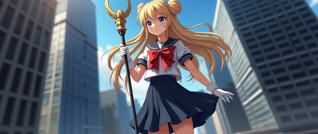 A confident young heroine with long, flowing blonde hair styled in twin buns and pigtails, dressed in a sailor-style uniform. She stands heroically on a rooftop overlooking a modern cityscape, holding a magical staff with a crescent moon and wings at the top. Her bright blue eyes shine with determination as she gazes into the distance, ready to defend the city. The uniform features a navy blue skirt, a white top with a large red bow, and white gloves. The background shows tall buildings under a clear blue sky, giving the scene a sense of grandeur and vigilance.