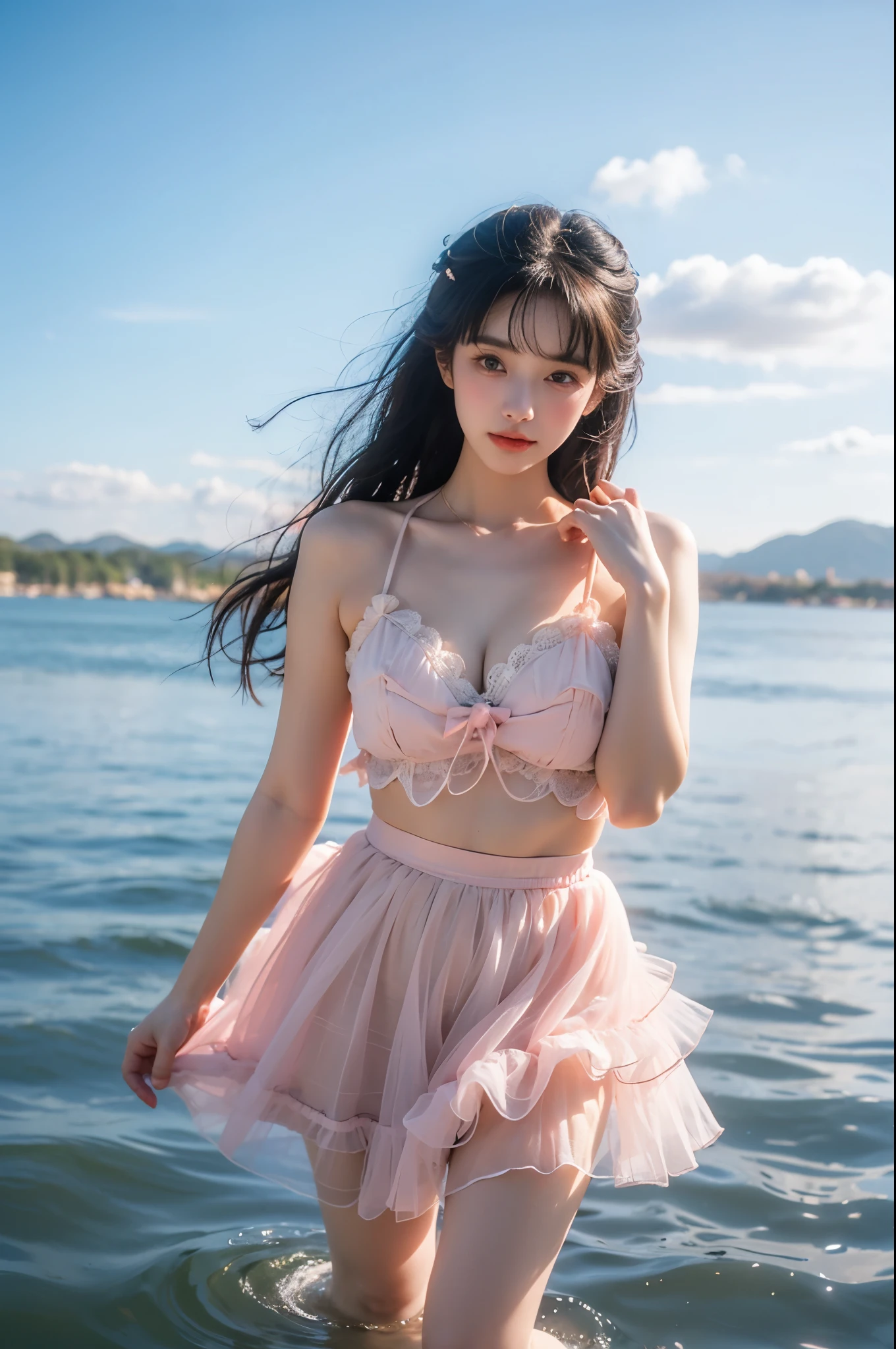 1 Girl, whole body, Elegantly, Her plump breasts are on display.，Visible cleavage，Sexy long legs，Exquisite makeup，Blush，Shy expression，Her skin is flawless，She gently lifted her skirt with one hand，Make gentle and playful gestures, The skirt is short, seaside, Walking in shallow water，wave拍打在她的身上, whole body湿透 沙滩, wave, Blue sky and white clouds, close up，Focus on the role，Ultra HD，best quality，Sony Master Lens，The color is pastel，Warm colors，Emphasis on natural beauty and elegance，Cute girl，High Detail，best quality，rich and colorful, Vibrant colors，Saturation