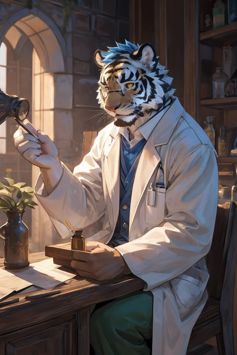 best quality，Ultra HD，Upper Body，The most exquisite eyes［The most exquisite eyes：2.1］，Exquisite facial features，In the ruins，Sitting at a wooden table and conducting a chemical experiment，doctor，male，White Tiger，There is a small patch of blue hair on the forehead，Golden Eyes，Wearing black frame glasses，White long coat［White long coat：2.2］，Green military pants