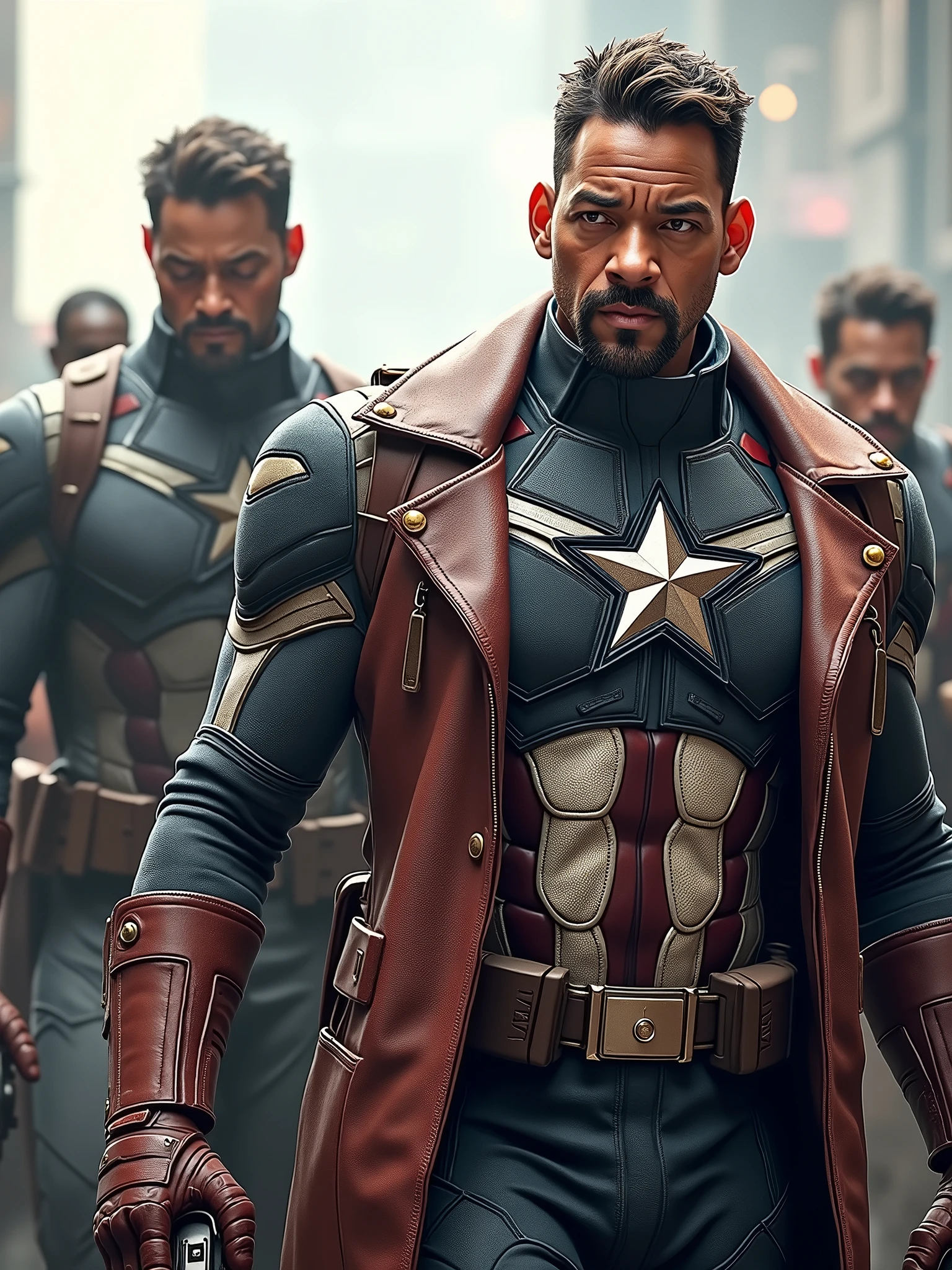 . .Tarantino style Will Smith as Captain America 8k, high definition, detailed face, detailed face, detailed eyes, detailed suit, in style of marvel and dc, hyper-realistic, + cinematic shot + dynamic composition, incredibly detailed, sharpen, details + superb details + evening with light + perfectionism + award winning realism ((moody lighting))