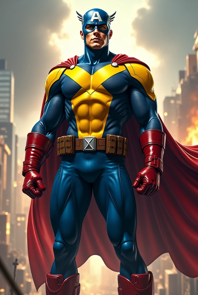 Captain America with wearing yellow and blue Xmen Suit and Xmen logo