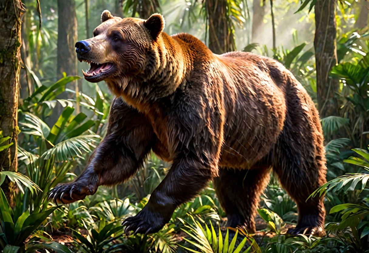 a huge brown bear, hunting and eating dinosaurs, primordial jungle, (best quality,4k,8k,highres,masterpiece:1.2),ultra-detailed,(realistic,photorealistic,photo-realistic:1.37),HDR,UHD,studio lighting,ultra-fine painting,sharp focus,physically-based rendering,extreme detail description,professional,vivid colors,bokeh,detailed bear anatomy,detailed dinosaur anatomy,lush tropical foliage,ancient trees,dense undergrowth,dramatic lighting,warm color palette,dynamic motion blur
