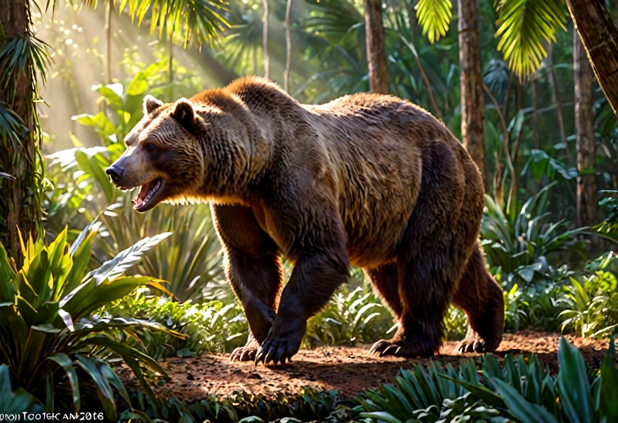 a huge brown bear, hunting and eating dinosaurs, primordial jungle, (best quality,4k,8k,highres,masterpiece:1.2),ultra-detailed,(realistic,photorealistic,photo-realistic:1.37),HDR,UHD,studio lighting,ultra-fine painting,sharp focus,physically-based rendering,extreme detail description,professional,vivid colors,bokeh,detailed bear anatomy,detailed dinosaur anatomy,lush tropical foliage,ancient trees,dense undergrowth,dramatic lighting,warm color palette,dynamic motion blur
