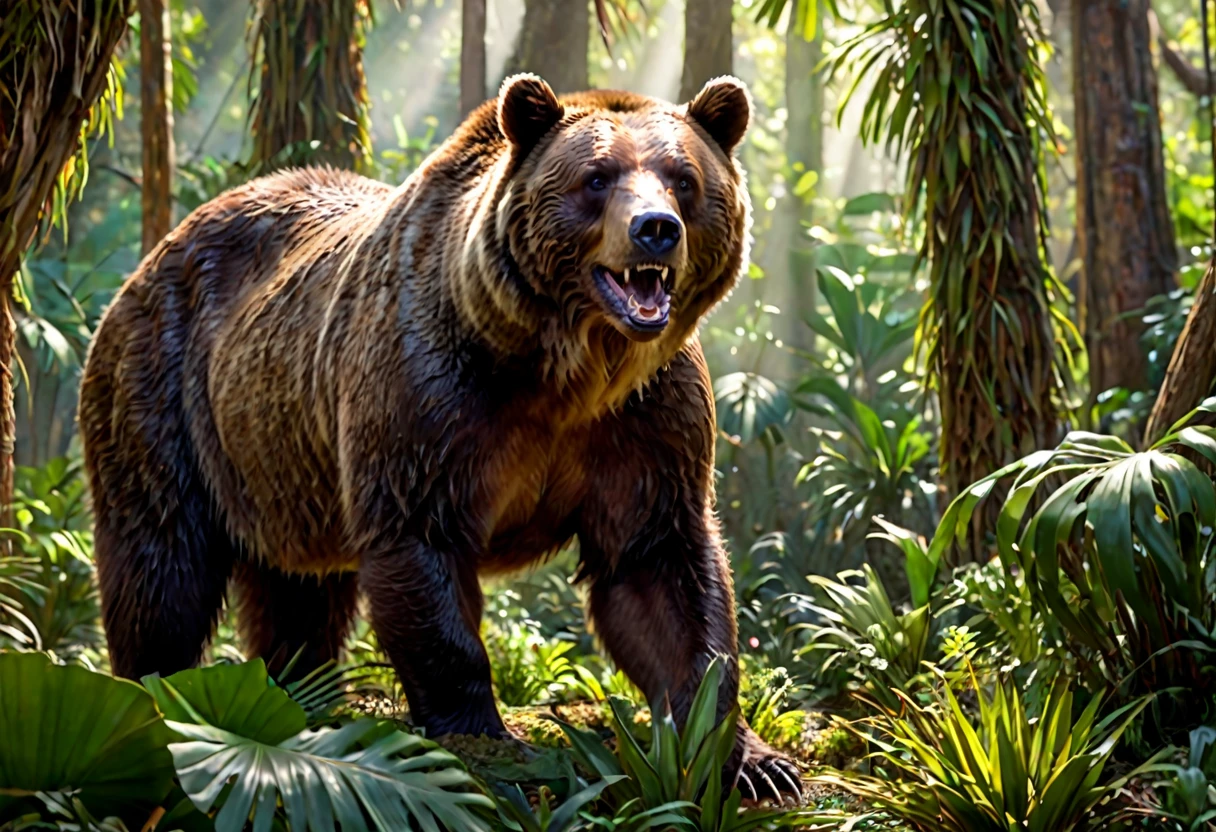 a huge brown bear, hunting and eating dinosaurs, primordial jungle, (best quality,4k,8k,highres,masterpiece:1.2),ultra-detailed,(realistic,photorealistic,photo-realistic:1.37),HDR,UHD,studio lighting,ultra-fine painting,sharp focus,physically-based rendering,extreme detail description,professional,vivid colors,bokeh,detailed bear anatomy,detailed dinosaur anatomy,lush tropical foliage,ancient trees,dense undergrowth,dramatic lighting,warm color palette,dynamic motion blur
