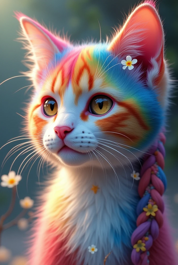 Prompt 6**: A close-up of the female lady beutifull rainbow coloured cat's face, with her fluffy fur, jasmine-adorned ears, and warm, expressive eyes. Her hair is tied back in a braid, and she has a gentle smile, radiating beauty and grace.
