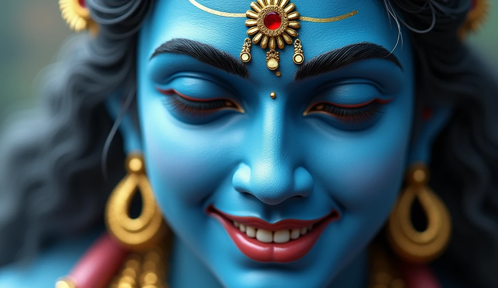 Vishnu’s Radiant Smile: A tight crop showing Vishnu’s radiant smile, with glowing blue skin and golden ornaments shining against a soft background