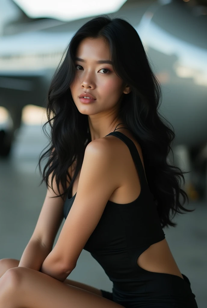 Beautiful model with black hair, in an aviation, Beautiful feet,white skin tone, full body photography.