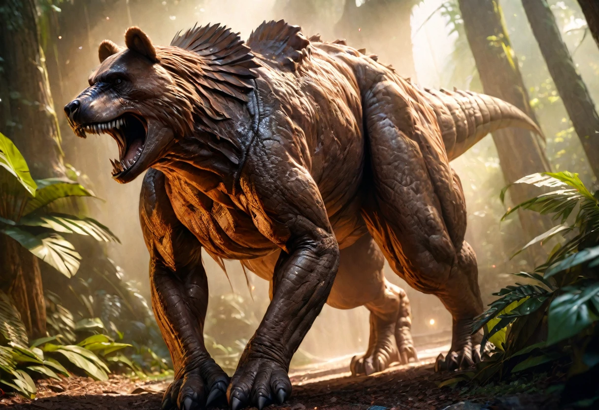 a huge brown bear, hunting and eating dinosaurs, primordial jungle, (best quality,4k,8k,highres,masterpiece:1.2),ultra-detailed,(realistic,photorealistic,photo-realistic:1.37),HDR,UHD,studio lighting,ultra-fine painting,sharp focus,physically-based rendering,extreme detail description,professional,vivid colors,bokeh,detailed bear anatomy,detailed dinosaur anatomy,lush tropical foliage,ancient trees,dense undergrowth,dramatic lighting,warm color palette,dynamic motion blur
