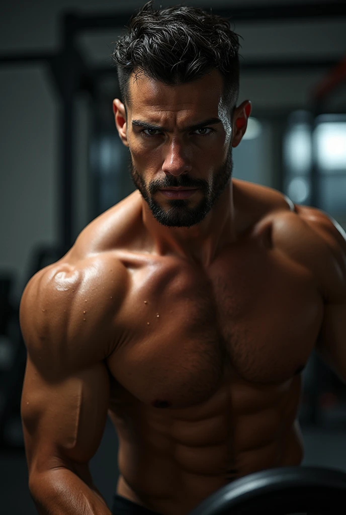 A hot men working out shirtless, make him looking at me