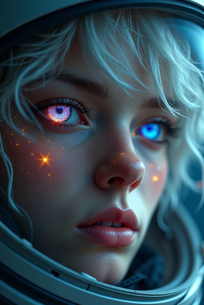 (Close-up of a better masterpiece:1.5)0.9], (Space and astronauts:1.2) (Messy silver hair:1.1) (Heterochromia xanthochromia and blue eyes:1.2) (Space Helmet:1.0) (Colored stars in the eyes:1.0) (A radiant glow:1.1) (thick lips:0.9)
