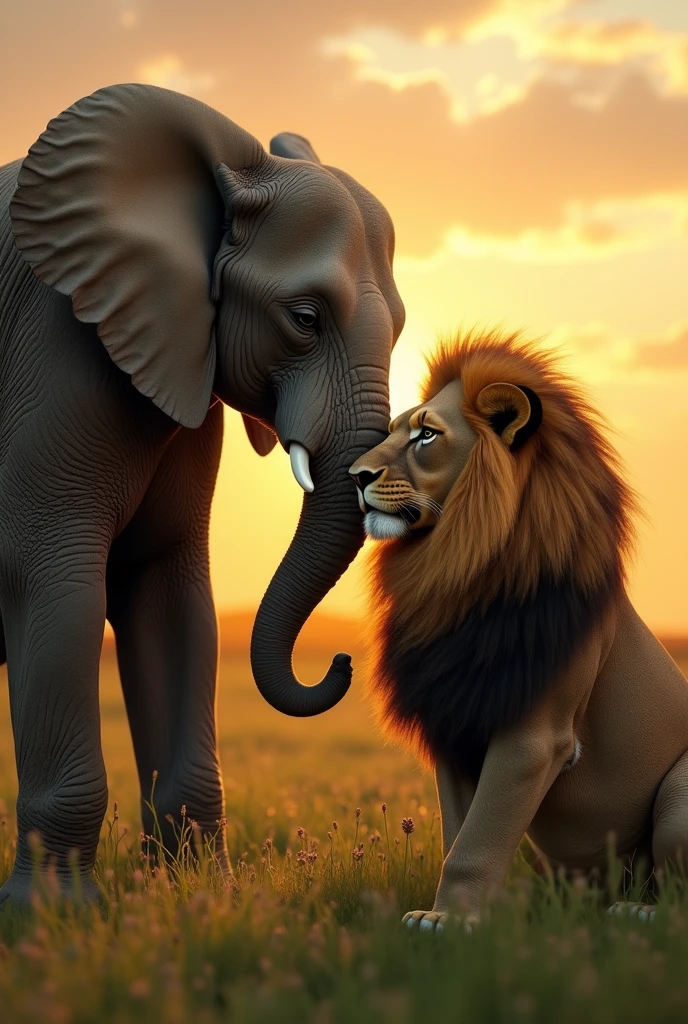 Elephant intimate scene with lion