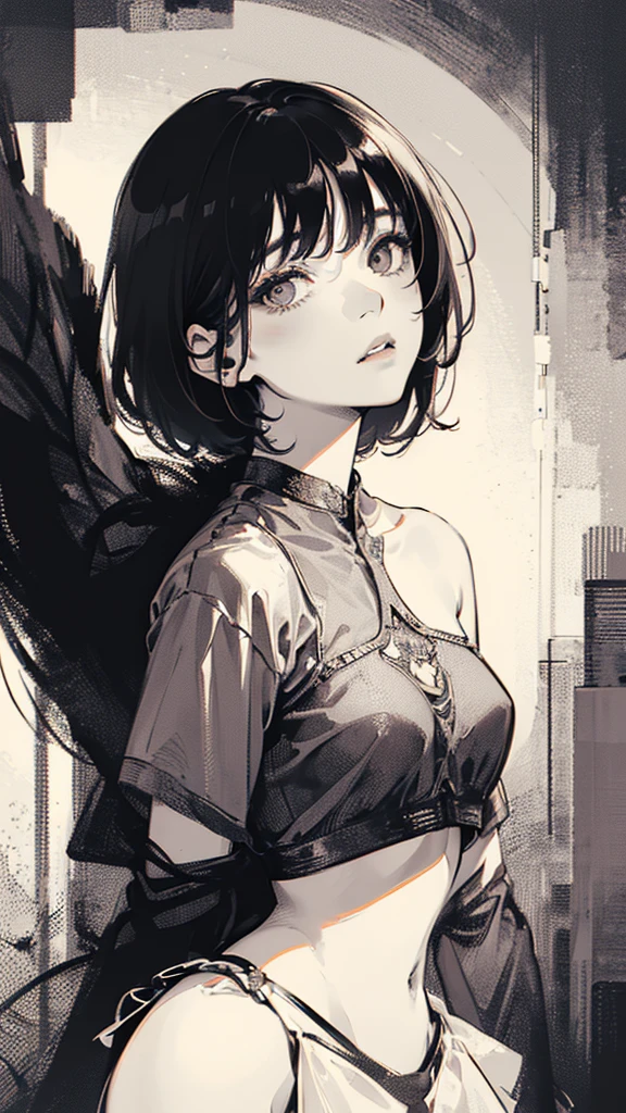 1 boyish asian girl, solo, sharp eyes, monochrome, greyscale, short black hair, portrait, T-shirt, closed mouth, looking at viewer, sketch, graphite \(medium\), detailed lips, hatching \(texture\), without makeup, bangs, upper body, (best illustration), (best quality), (very detailed), (masterpiece), expressionless,