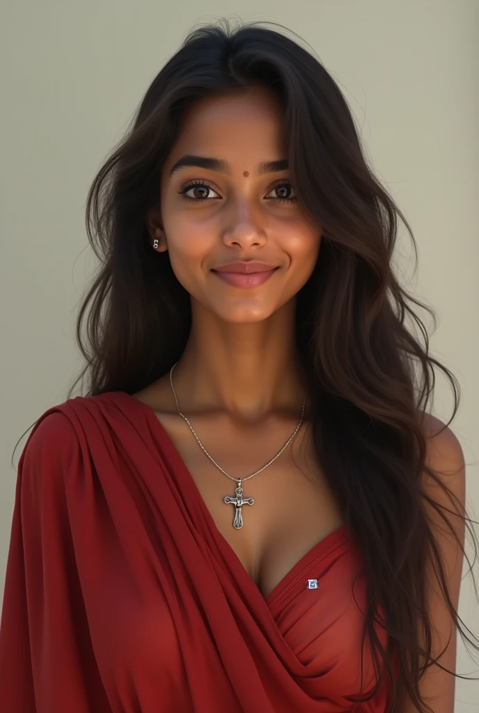 A girl with natural beauty and long hair she is a Kerala girl  that girl was zero makeup she is a Christian girl she have a jesus cross pendant in she's neck she have a red churidar  she was medium sized body she have a small smile she's face shape is square 



