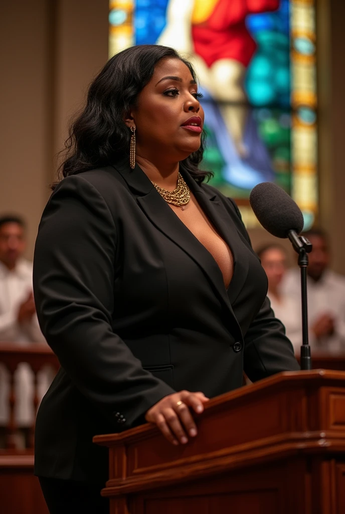A body that looks like its clothes will burst with muscles,amazing beautiful super muscular body builder model milf,A confident and poised Black female politician with a commanding presence and a fuller body type, full body tall and plus size curvey body 5'9 265 lbs This mage should exude power,delivering a powerful speech inside a traditional gospel church. She stands at a wooden podium, dressed in an elegant black suit with a gold chain necklace. The church is warmly lit with stained glass windows depicting religious scenes. A choir, also in traditional gospel attire, is positioned behind her, singing passionately. The church is filled with an attentive congregation, and the atmosphere is vibrant and inspiring, combining historical architecture with a spiritual ambiance.
