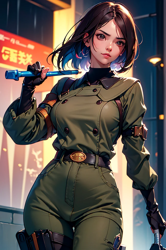 (at night), in a video game scene in the background, a beautiful city at night, raining, alone, standing looking straight ahead, military clothing with military green skirt and pants, black gloves, semi-short hair, ((semi-short hair)), 1 girl, 30 years old, young woman, perfect hands, Beautiful fingers, Beautiful long legs, Beautiful body, Beautiful nose, Beautiful character design, perfect face, looking straight at the viewer with a serious gesture, very upset looking at the viewer, she has a black whip in her hand (focusing on her face), closed mouth, smile_light, official art, extremely detailed CG unity 8k wallpaper, perfect lighting, bright and colorful front lighting, skin glossy (masterpiece: 1.0), (best_quality: 1.0), ultra high resolution, 4k, ultra detailed photography, 8K, hdr, high resolution, nonsense:1.2, Kodak portrait 400, film grain, blurred background, bokeh:1.2 , Lens flare, (vibrant_color:1.2), professional photography, (Beautiful, breasts: 1.4), (Beautiful_face: 1.5), (narrow waist),
