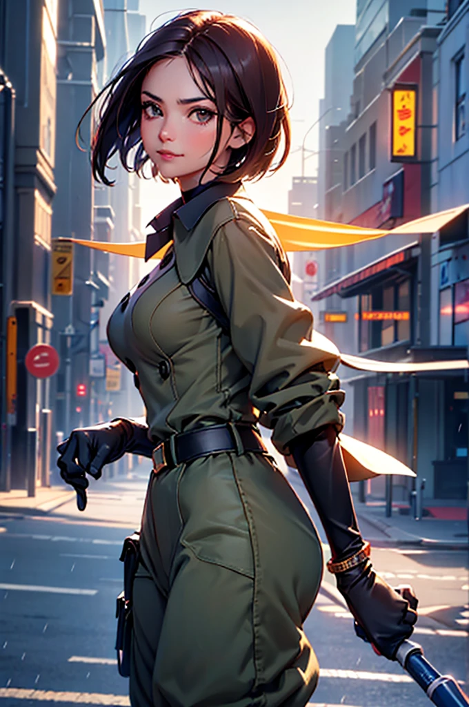 (at night), in a video game scene in the background, a beautiful city at night, raining, alone, standing looking straight ahead, military clothing with military green skirt and pants, black gloves, semi-short hair, ((semi-short hair)), 1 girl, 30 years old, young woman, perfect hands, Beautiful fingers, Beautiful long legs, Beautiful body, Beautiful nose, Beautiful character design, perfect face, looking straight at the viewer with a serious gesture, very upset looking at the viewer, she has a black whip in her hand (focusing on her face), closed mouth, smile_light, official art, extremely detailed CG unity 8k wallpaper, perfect lighting, bright and colorful front lighting, skin glossy (masterpiece: 1.0), (best_quality: 1.0), ultra high resolution, 4k, ultra detailed photography, 8K, hdr, high resolution, nonsense:1.2, Kodak portrait 400, film grain, blurred background, bokeh:1.2 , Lens flare, (vibrant_color:1.2), professional photography, (Beautiful, breasts: 1.4), (Beautiful_face: 1.5), (narrow waist),