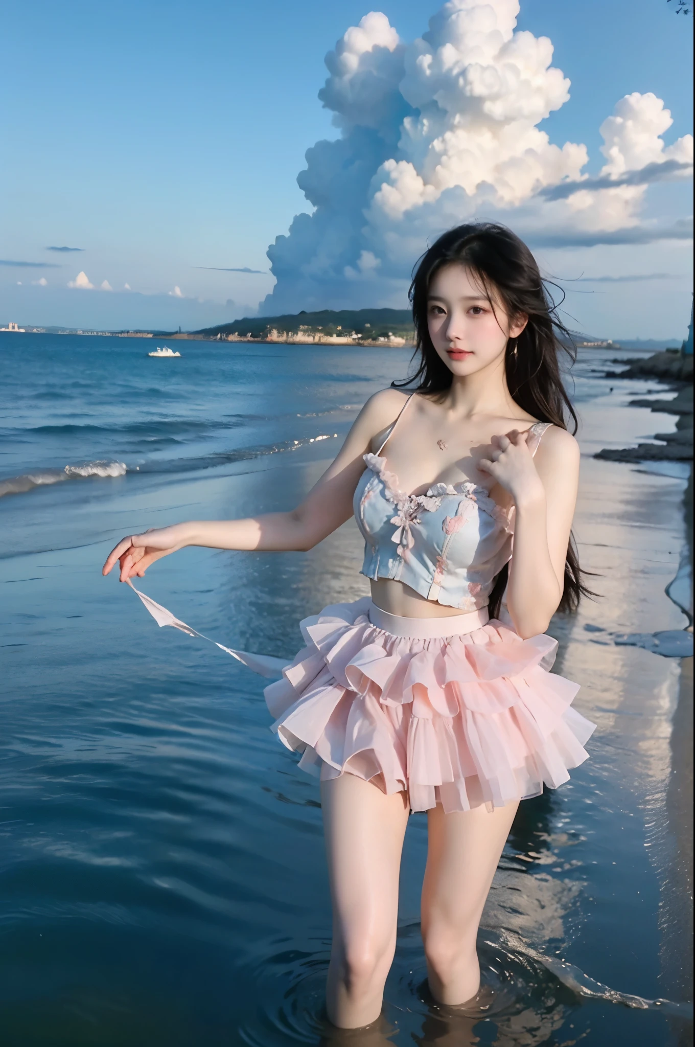 Liushuqun , 1 Girl, whole body, Elegantly, Her plump breasts are on display.，Visible cleavage，Sexy long legs，Exquisite makeup，Blush，Shy expression，Her skin is flawless，She gently lifted her skirt with one hand，Make gentle and playful gestures, The skirt is short, seaside, Walking in shallow water，wave拍打在她的身上, whole body湿透 沙滩, wave, Blue sky and white clouds, close up，Focus on the role，Ultra HD，best quality，Sony Master Lens，The color is pastel，Warm colors，Emphasis on natural beauty and elegance，Cute girl，High Detail，best quality，rich and colorful, Vibrant colors，Saturation