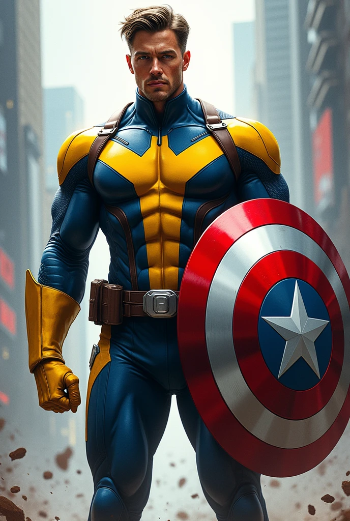 Captain America with wearing yellow and blue Xmen Suit and Xmen Sheild