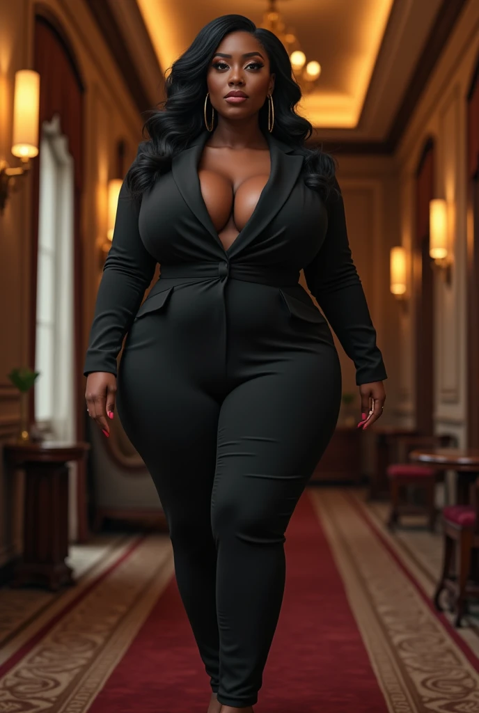 A body that looks like its clothes will burst with muscles,Create a high-resolution realist 3d image of a dark skin toned melanin elegant woman with a findom dominant and commanding persona and Prescence wearing luxurious attire, such as a tailored suits or designer dress, and posed in a confident stance. full body tall and plus size curvey body 5'9 265 lbs This mage should exude power, control, and sophistication, with a hint of mystery. the back ground is lavish hight rise office or a luxurious richly decotated tool reflecting wealth and power 