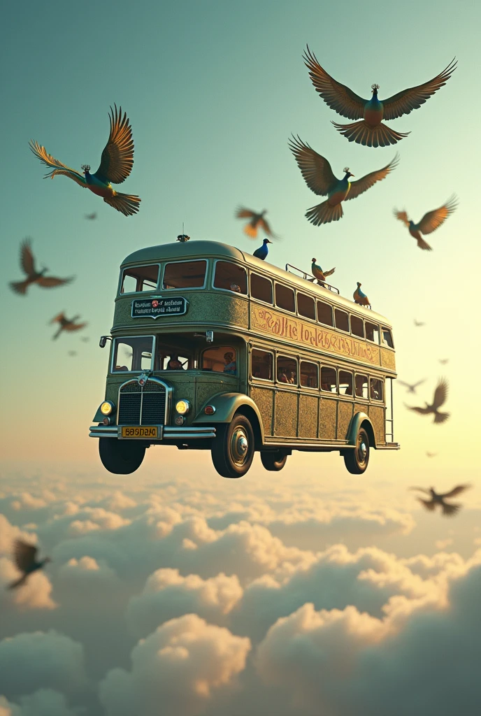 A flying bus with a flying peacocks


