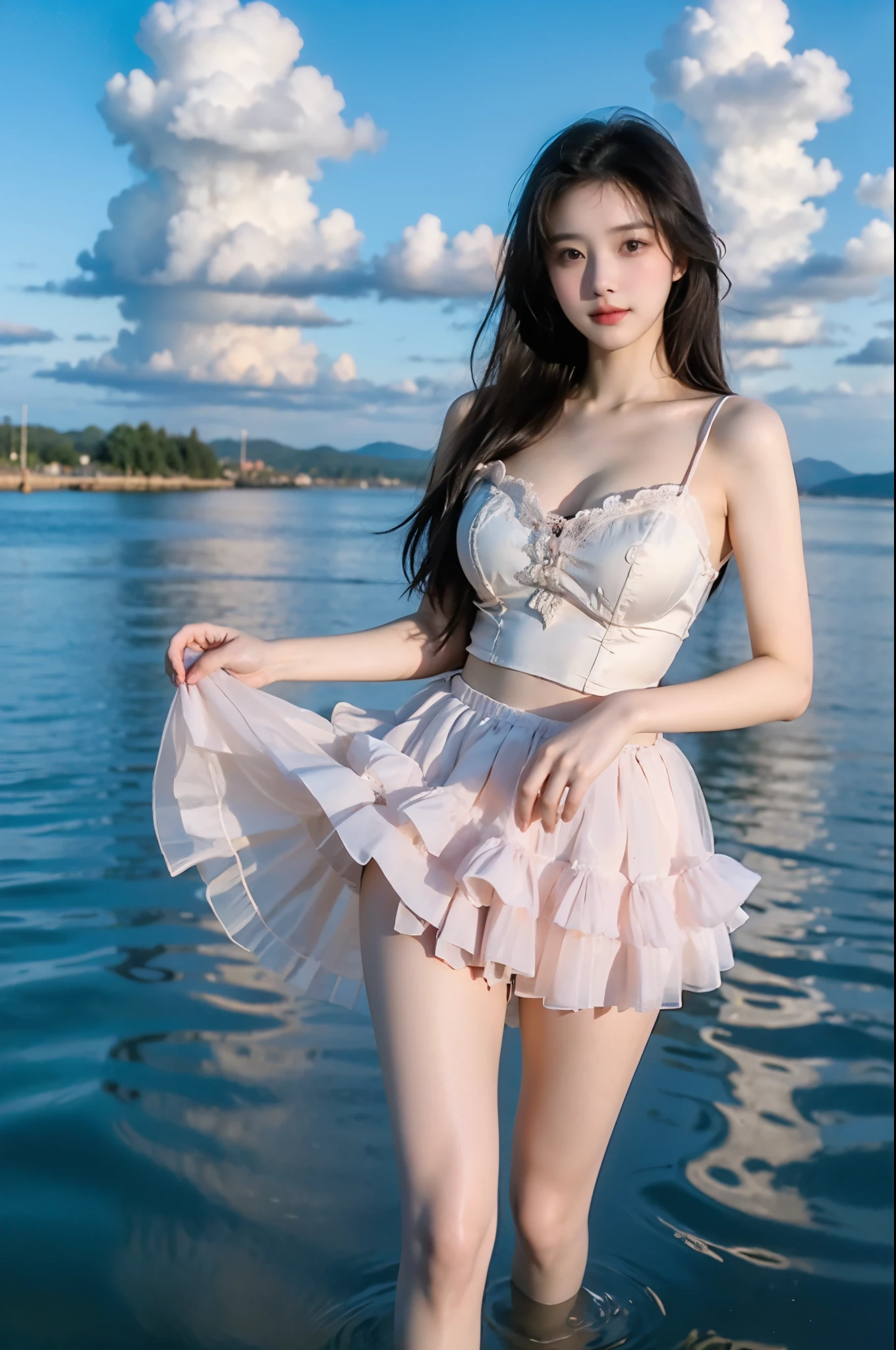 Liushuqun , 1 Girl, whole body, Elegantly, Her plump breasts are on display.，Visible cleavage，Sexy long legs，Exquisite makeup，Blush，Shy expression，Her skin is flawless，She gently lifted her skirt with one hand，Make gentle and playful gestures, The skirt is short, seaside, Walking in shallow water，wave拍打在她的身上, whole body湿透 沙滩, wave, Blue sky and white clouds, close up，Focus on the role，Ultra HD，best quality，Sony Master Lens，The color is pastel，Warm colors，Emphasis on natural beauty and elegance，Cute girl，High Detail，best quality，rich and colorful, Vibrant colors，Saturation