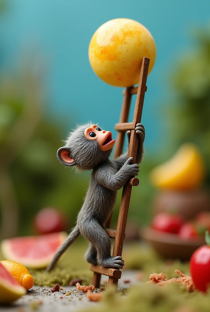 Miniature world, little baboon is collecting the moon on a ladder in cute photography style. Detailed background, exaggerated perspective effect, creative composition, macro lens, soft natural light, bright colors, simulation, working ladder, super macro, miniature ladder collecting, tiny figure, detail, landscape, climbing a ladder up a tree, food, different artist, miniature ladder collecting, close up head, macro, food art, unusual and fun touch.