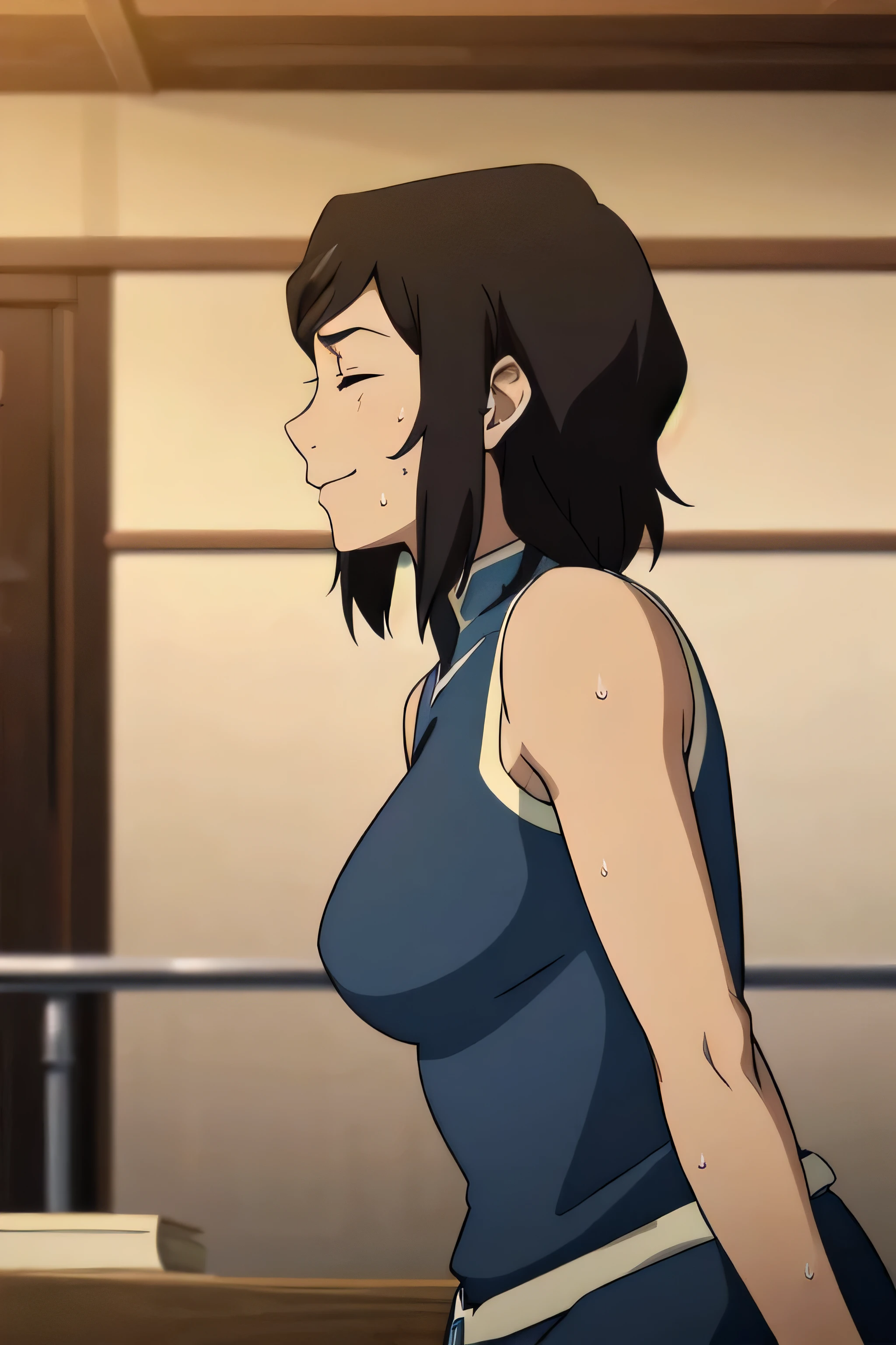 Korra,1girl, solo, upper body, side view, viewed from side, smile, sensual expression,eyes closed,leaning forwards,leaned forwards,sweaty