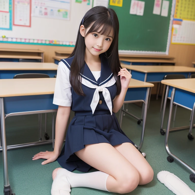 ((high quality,high resolution,High definition,8k)),School classroom,,Long Black Hair,Red ribbon on hair,Navy blue long skirt,Japanese Sailor Suit,White slippers,White socks,Study desk learning,((((very cute)))),(((Really sometimes, about a quarter of the time 全裸))Masturbation in)