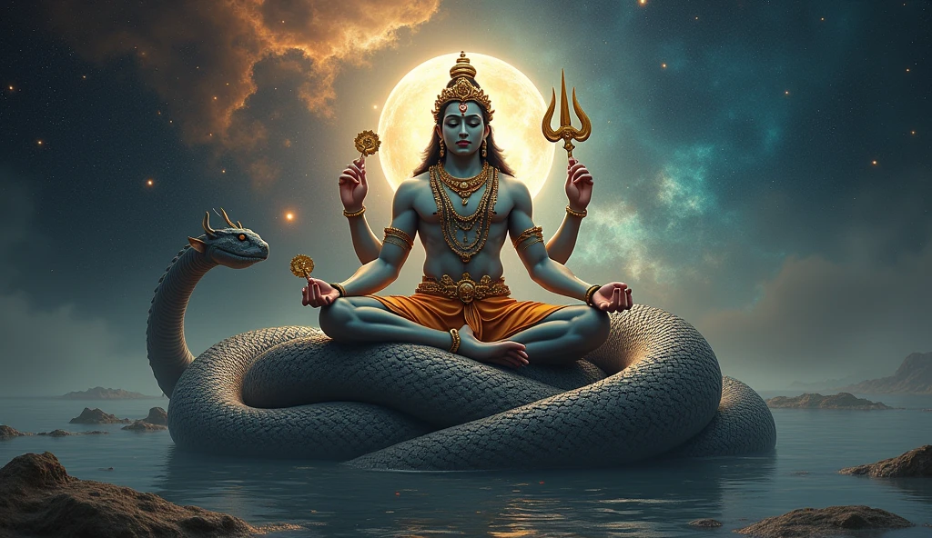 Vishnu on Ananta Shesha: A centered view of Vishnu resting on the serpent Ananta Shesha, with detailed textures and cosmic elements subtly visible