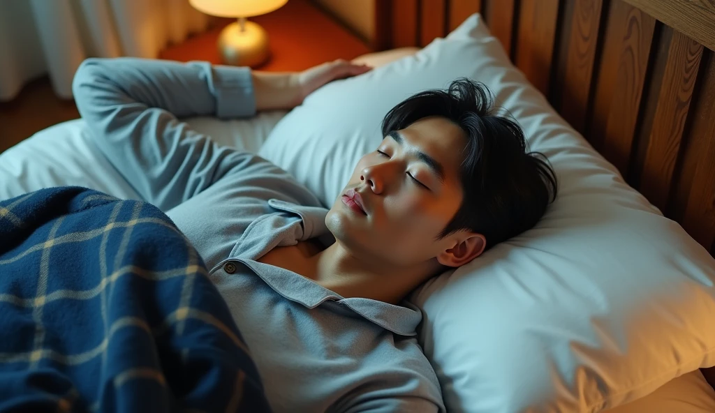 a handsome tanned japanese man, wearing light blue plaid pajamas, seen laying down on his cozy bed with white sheet and dark blue plaid blanket, photo taken from above, and his hand underneath his head, his face looks like he is daydreaming, particles and nice lighting, UHD, HDR, 8k, Masterpiece