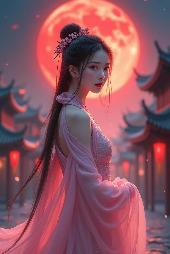 Nie Xiaoqian,Huang Xu Xian, background_picture,Wearing ancient Chinese attire (translucent, A shimmering pink robe:1.4), Hair Bun,Solitary,1 female,Long hair,angel,Practical,Chinese clothes,Hanfu,Hair Bun,Lips,parted Lips,Look at the audience.,Upper Body(With an ancient Chinese city as the background:1.2),(Standing under the glow of a full blood moon:1.3),, See her whole front, best quality. , masterpiece, illustration, Very delicate and beautiful, Very detailed ,CG,Unite,8k wallpaper, Miracle, Fine details, masterpiece, best quality,Official Art,Very detailed CG Unite 8k wallpaper,nonsense, incredibly nonsense, Large file size , Very detailed, high, Very detailed,Beautiful girls with details, Very detailed eyes and face, Beautifully detailed eyes,There is light on the face,