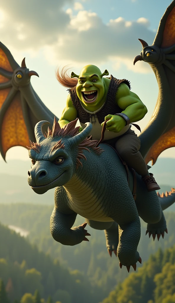 Shrek, towering and green, rides a powerful dragon, its scales shimmering in the sunlight. The dragon's immense wings beat with a rhythmic force, sending gusts of wind that whip through Shrek’s hair and cloak. Below, the landscape blurs into a mix of forests and fields, now dwarfed by their soaring height. Shrek’s face is a blend of exhilaration and fierce determination, his hands gripping the reins tightly. The dragon's fiery breath occasionally lights up the sky, casting dramatic shadows and highlighting Shrek’s iconic, adventurous spirit.
