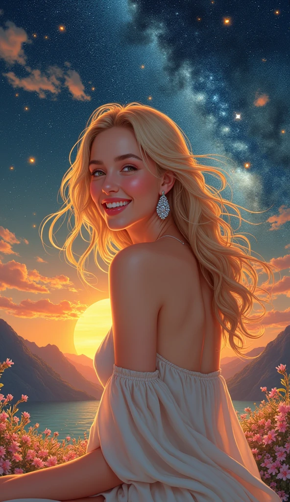 One person, Blonde, High resolution, Crystal Earrings, smile, Simple Background, Decorative art, Beautiful sunset,beauttiful stars,universe,Milky Way