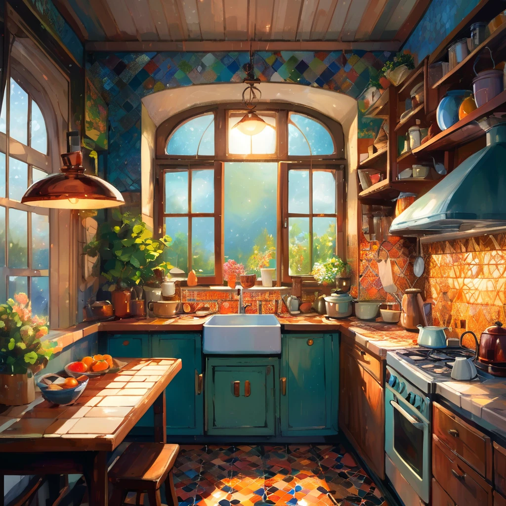 absurd, mackerel, very detailed, (Main focus:1.3),(vivid colors:1.2),(high contrast:1.2),(Rich texture:1.1),(dark shadow:1.1),(heavenly atmosphere:1.1),warm lighting,(inside:1.2),(facing the window:1.3), Cozy kitchen,coffee mug,Floral wallpaper,dusty bookshelf,Flashing candle,old vintage radio,copper pot,kitchen counter,(mosaic tile floor:1.2),Rainy Day, AI is SB.