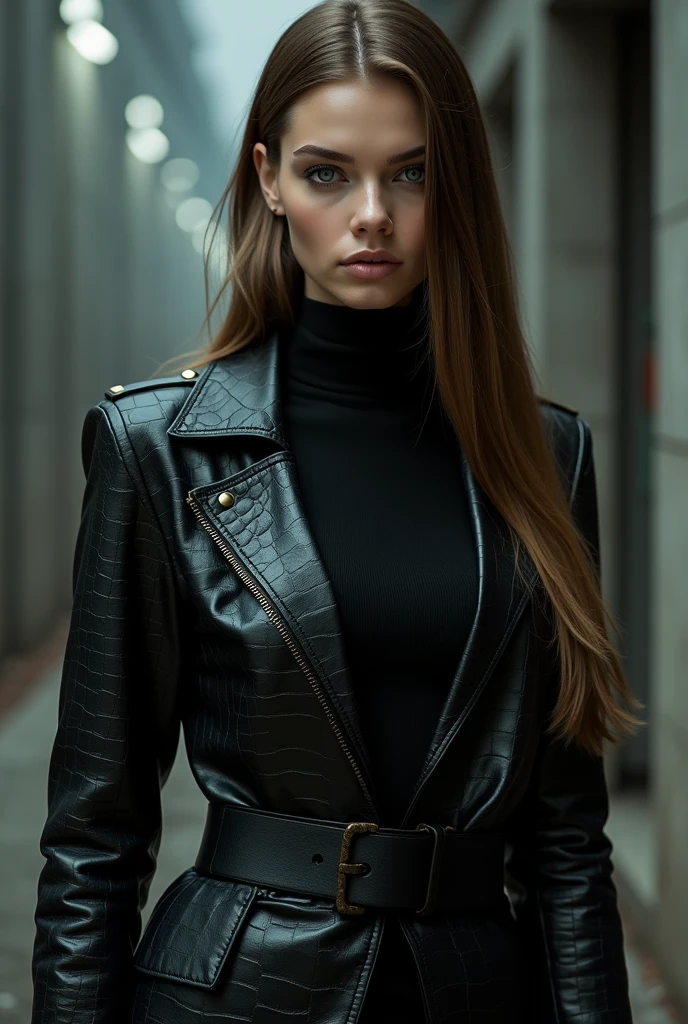 Very beautiful Slavic woman, pale skin, long light brown hair, long straight hair, black turtleneck, black crocodile jacket with unbuttoned buttons, Wide leather strap, Fashionable elegant pose from a fashion magazine, Sinister grin, gloomy atmosphere, Sun glare on the face, narrow pupils, Beautiful hands, wide shoulders, athletic , Futuristic, Brutal background, Photoshoot for a fashion magazine