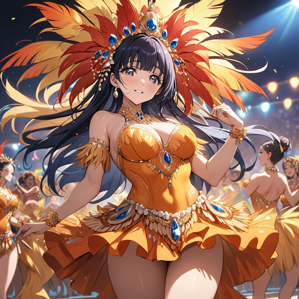 ((Highest quality)), ((masterpiece)), (detailed), (Perfect Face)、The woman is Reika Aoki with semi-long hair、A woman is dancing samba in a samba costume at the Rio Carnival