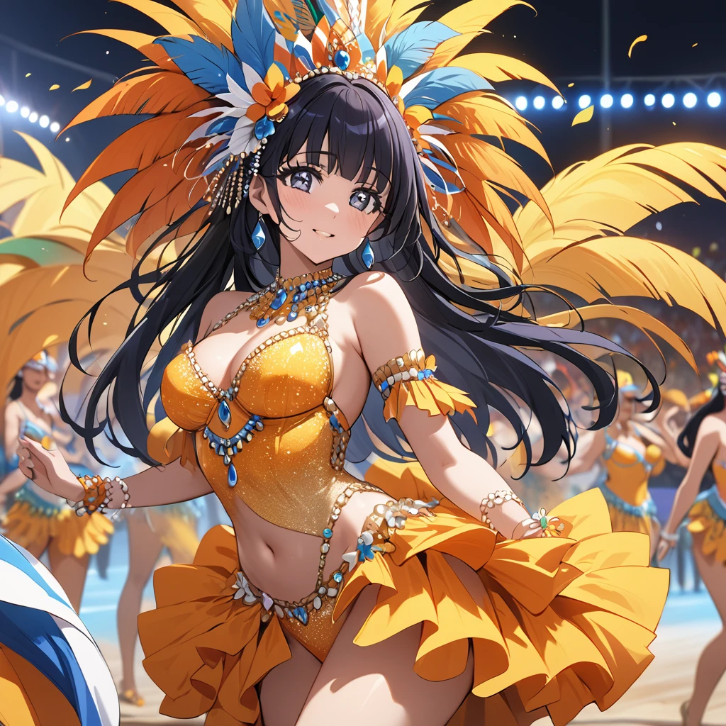 ((Highest quality)), ((masterpiece)), (detailed), (Perfect Face)、The woman is Reika Aoki with semi-long hair、A woman is dancing samba in a samba costume at the Rio Carnival
