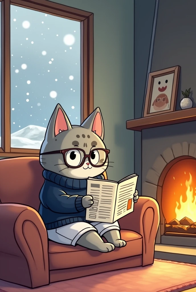 please make a cute picture of the chibi version of Felis Gyra's male cat, gray with patterns, wearing round glasses, wearing a warm navy blue sweater and white shorts, and wearing a watch, the cat is facing the picture, the cat is sitting on the sofa reading a newspaper nearby The cute fire fireplace has eyes and a mouth, the room has a warm atmosphere because it's snowing outside, please draw it like Ghibli art, add thick lines to each image object to make it clearer