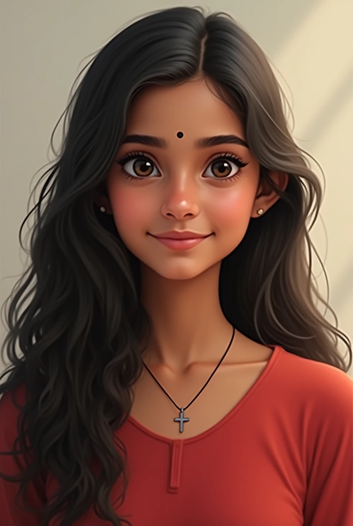 A girl with natural beauty and long hair she is a Kerala girl  that girl was zero makeup she is a Christian girl she have a jesus cross pendant in she's neck she have a red kurta  she was medium sized body she have a small smile she's face shape is square 



