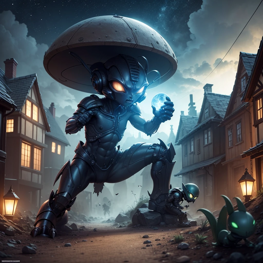 A battle betwen a small alien versus a dark spirits at night in the small village, and the alien wins the fight