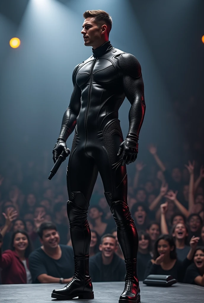 Create an innovative, futuristic and very masculine outfit for a male singer .That gives the impression of a powerful man.Let your posture be forward in movement, singing with microphone in hand , with people listening to him with jubilation .Someone imposing with broad shoulders but a solid, athletic body with a narrow waist that is very manly. .
Let your garment be new, something never seen before. In black and dark grey tones, it is made with fine details for the torso, it could be a shirt, a sweatshirt or something very close to your body..With fine futuristic details .But his torso is covered and with novel details in the pants that give it a futuristic impression..
With shiny black vinyl boots with novel details such as a thin, non-rounded toe that also has high, square heels that give it height., slim the singer and stylize him .