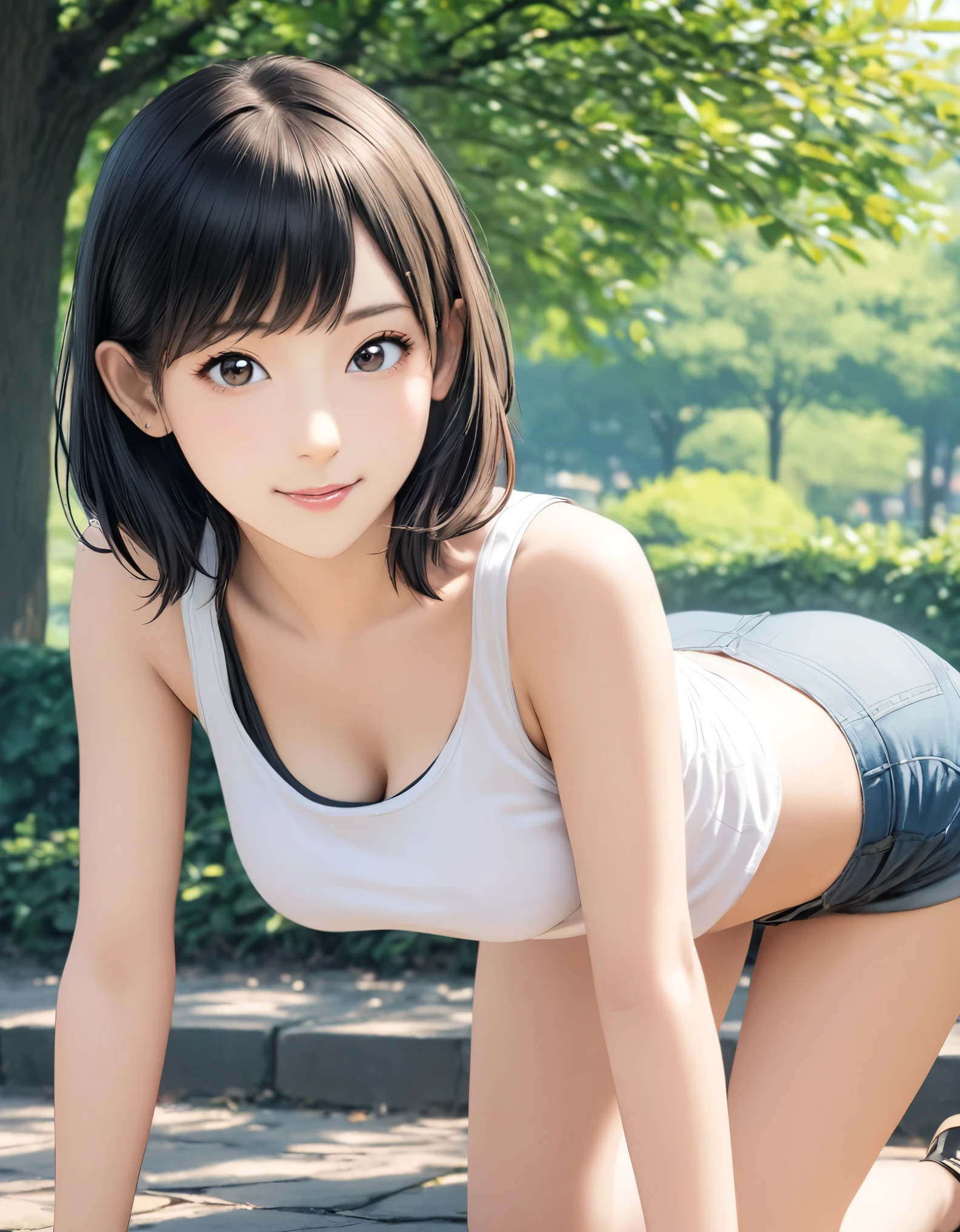 (best quality:1.2), 1girl, Ueno park, tank top, hot pants